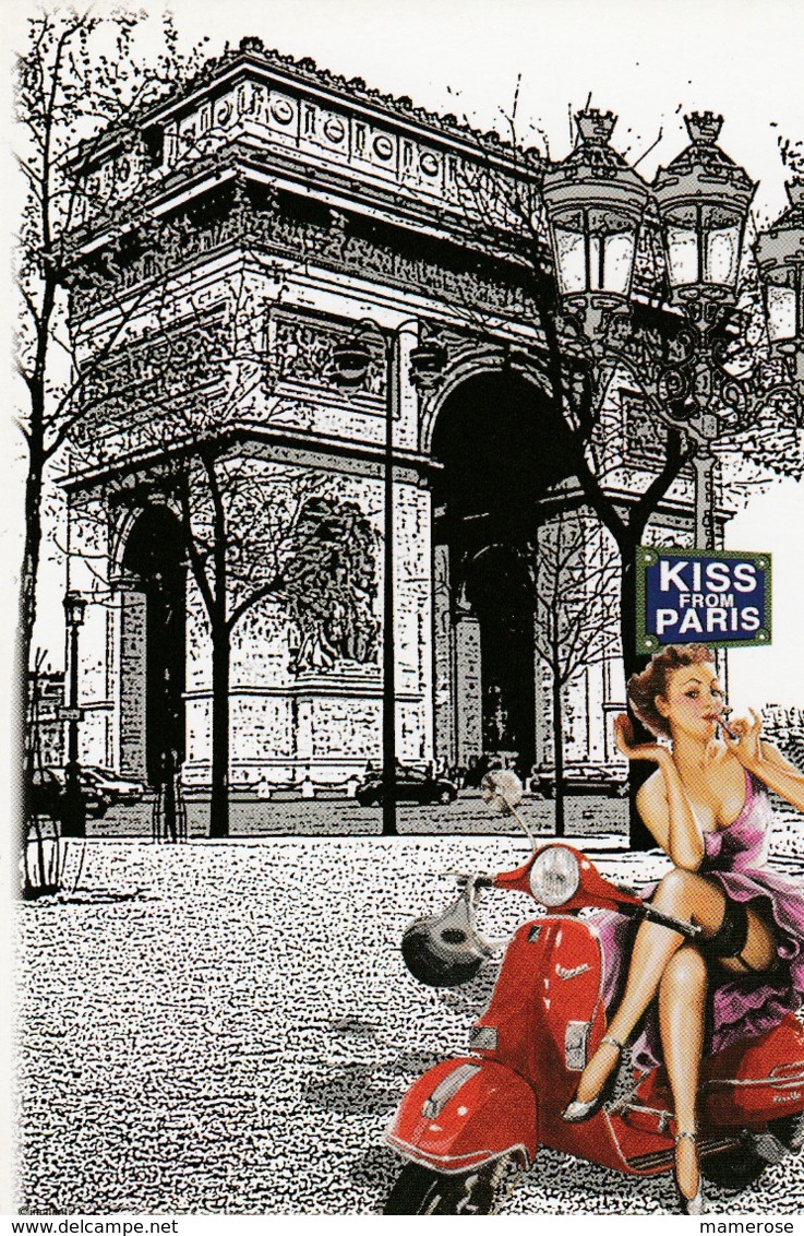 PIN-UP Assise Sur Une VESPA ROUGE (Transports: Motos). Illustration De L'Arc De Triomphe. KISS FROM PARIS - Pin-Ups