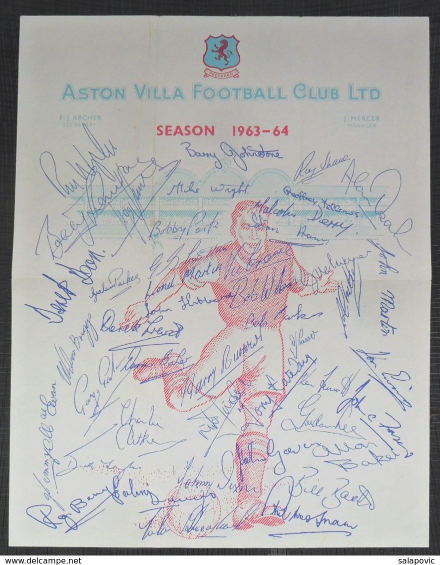 ORIGINAL ASTON VILLA Football Club Pre-Printed Autograph Season 1963/64   FOOTBALL CALCIO Authograph SIGNATURE - Autógrafos