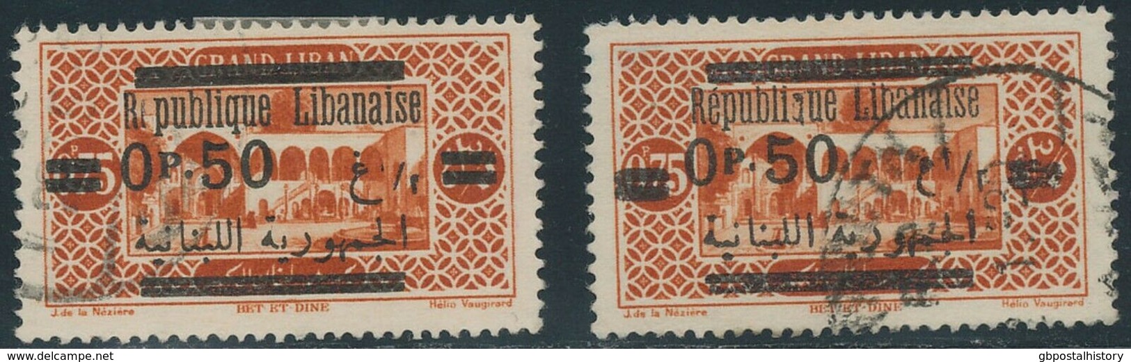 LEBANON 1929, 0.50 Pia. On 0 P. 75 Brown-red, Two Superb Used Stamps, OVERPRINT VARIETIES - Libanon