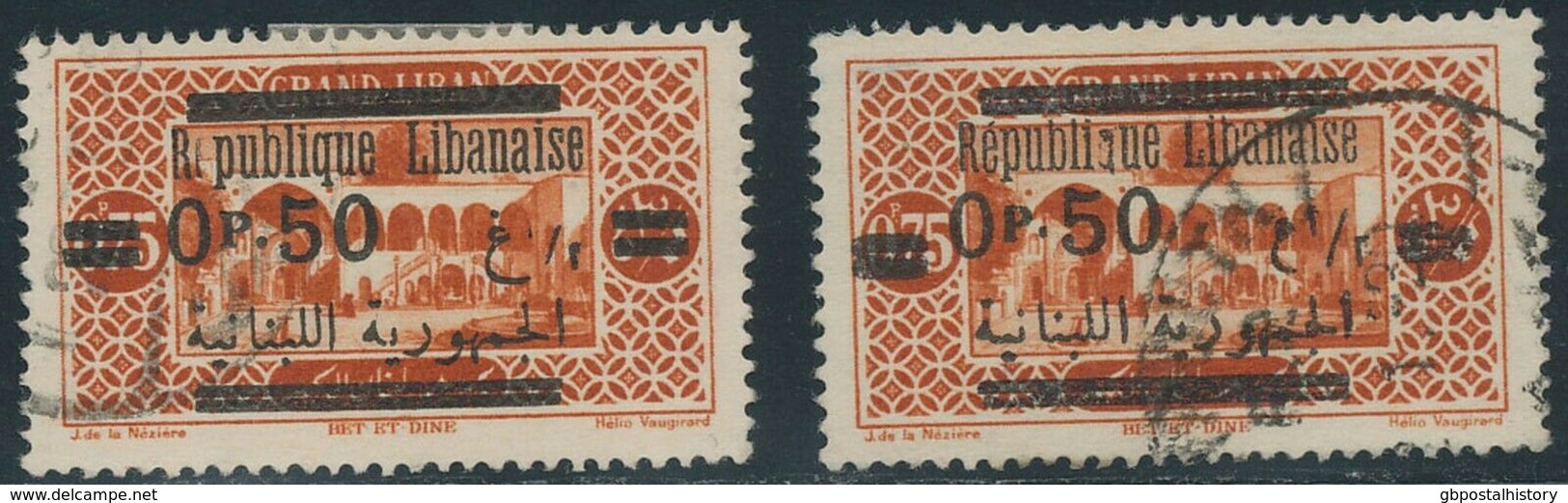 LEBANON 1929, 0.50 Pia. On 0 P. 75 Brown-red, Two Superb Used Stamps, OVERPRINT VARIETIES - Libano