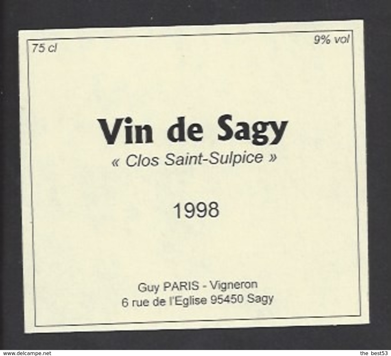 Etiquette De  Vin De Sagy 1998  -  Clos Saint Sulpice  -  Guy Paris à Sagy  (95) - Autres & Non Classés