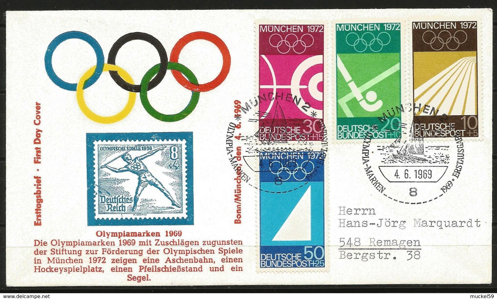 Germany FDC 1969 Sport Olympic Games Munich (1972) Promotion Fund Picturing Stamp Of 1936 Olympics - Summer 1972: Munich