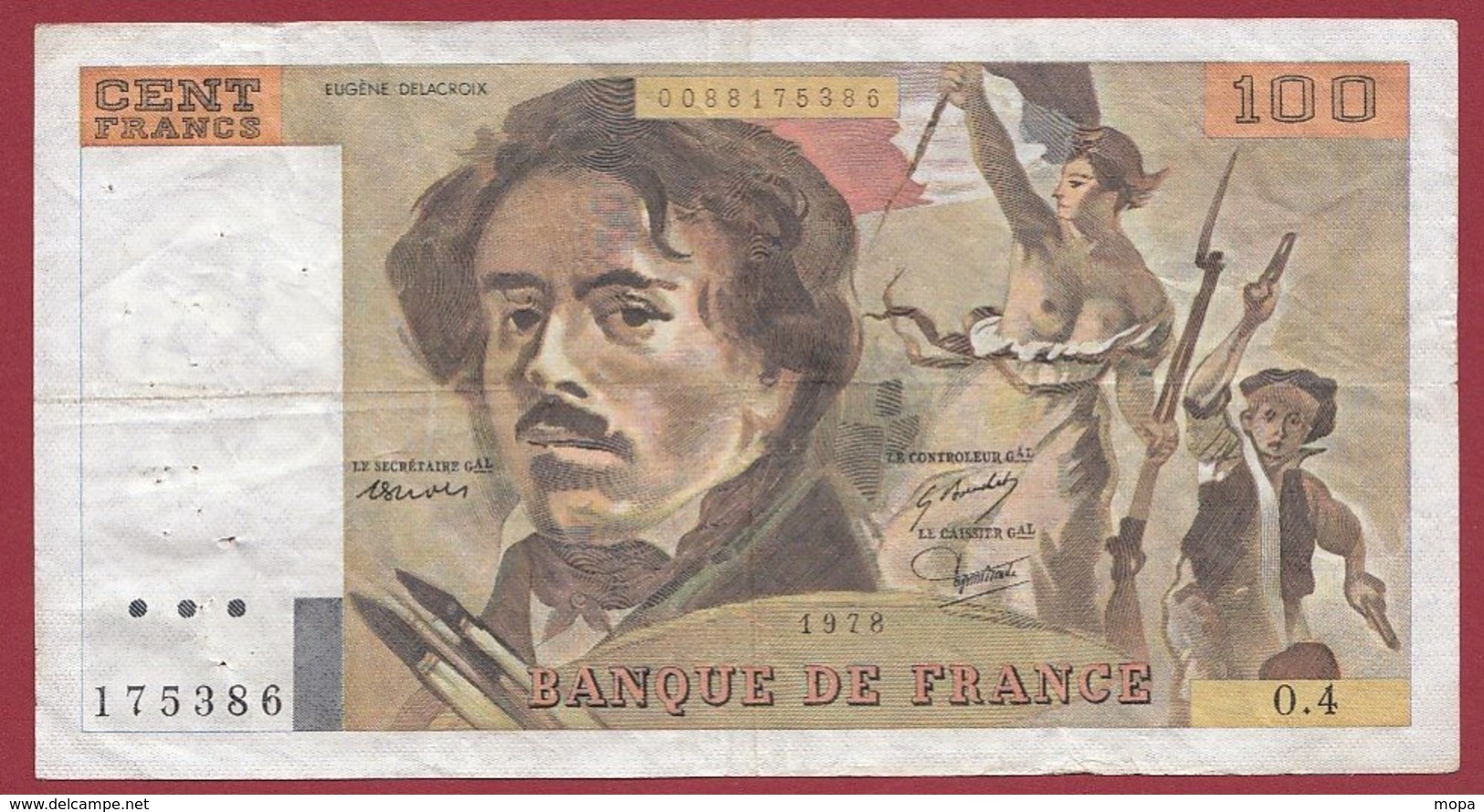 100 Francs "Delacroix" 1978 ---F/TTB+--ALPH O.4 -- ALPHABET 4----PEU COMMUN -- 100 FRANCS  HACHURE - 100 F 1978-1995 ''Delacroix''