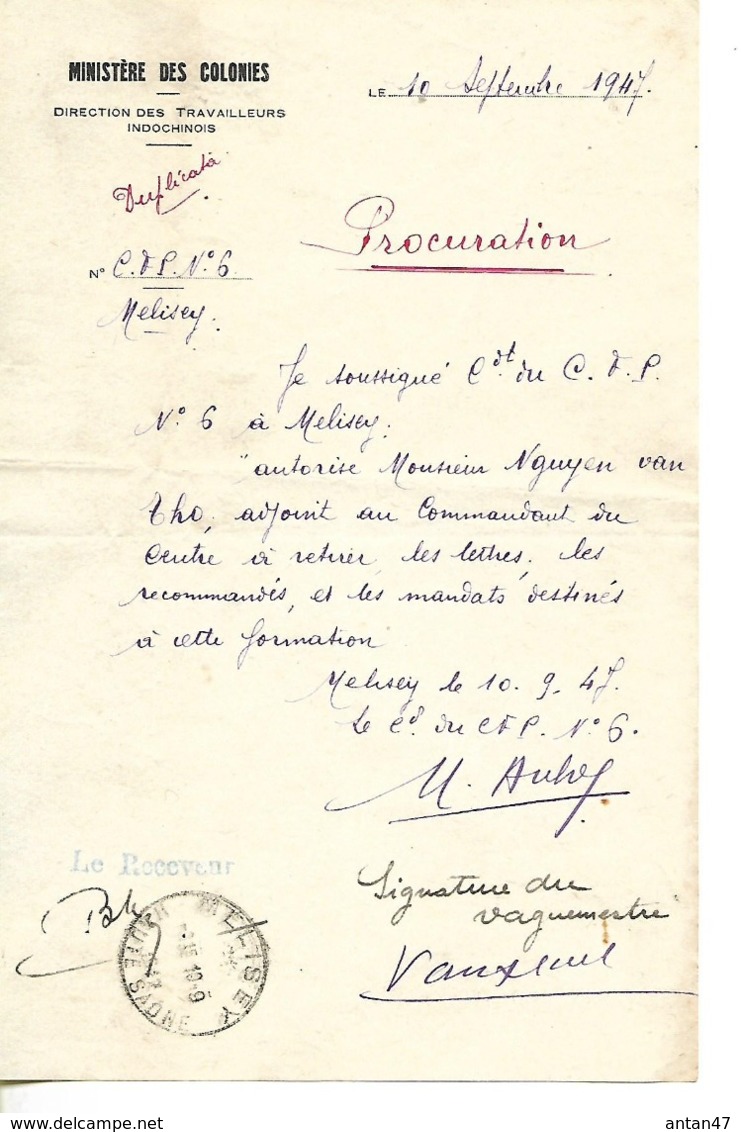 Procuration Pour NGUYEN Van THO à Retirer Son Courrier à MELISEY 70 / Ministère Des Colonies Travailleurs Indochinois - 1900 – 1949