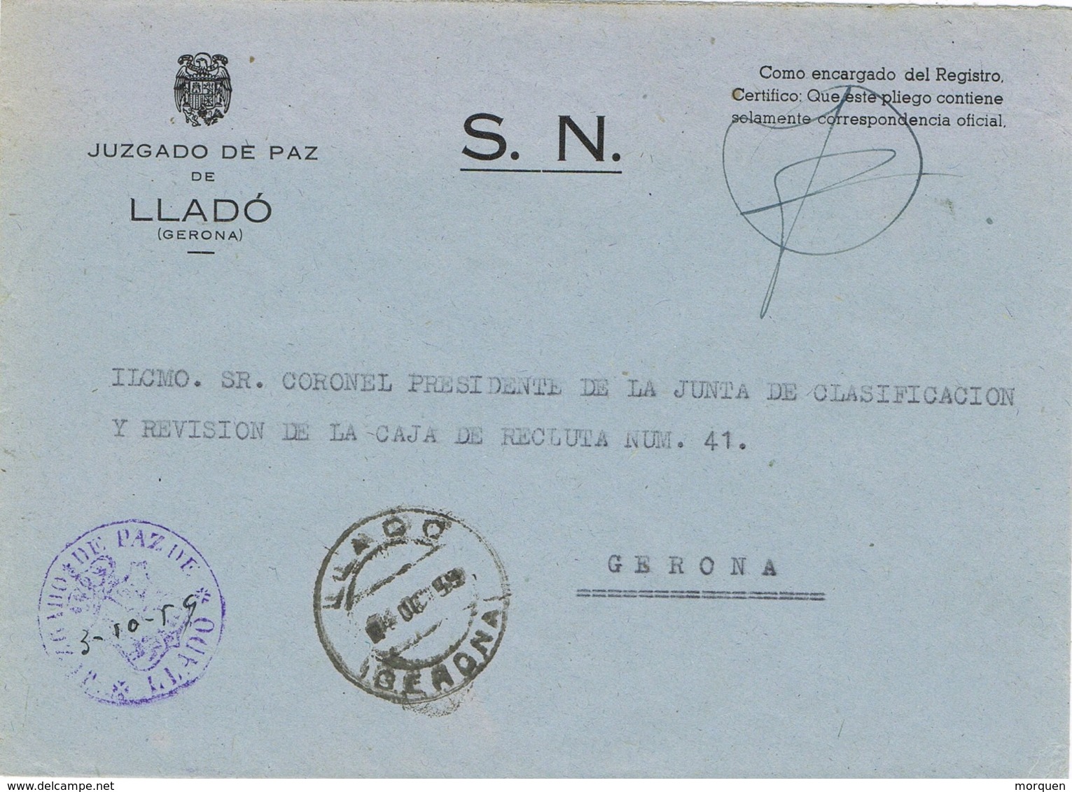 34012. Carta S.N. Franquicia Juzgado Paz LLADÓ (Gerona) 1959 - Cartas & Documentos