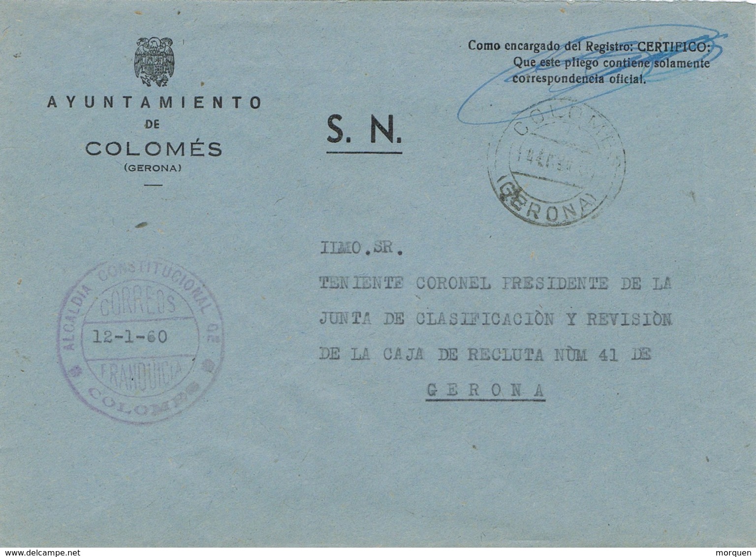 34013. Carta S.N. Franquicia Ayuntamiento COLOMÉS (Gerona) 1960 - Lettres & Documents