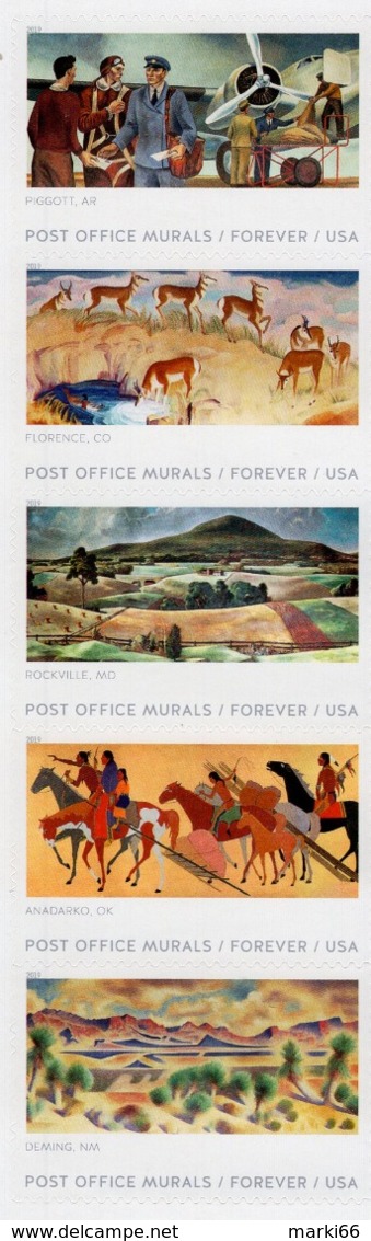 USA - 2019 - Post Office Murals - Mint Self-adhesive Stamp Strip - Unused Stamps
