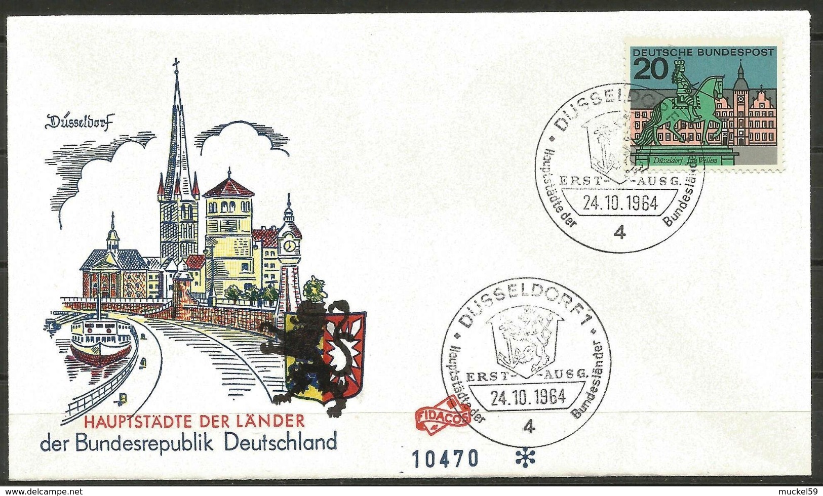 Germany FDC 1964 Capitals Of Federal Laender Duesseldorf Architecture Castle Tower St Lambertus Church Pegeluhr Rhine - Churches & Cathedrals