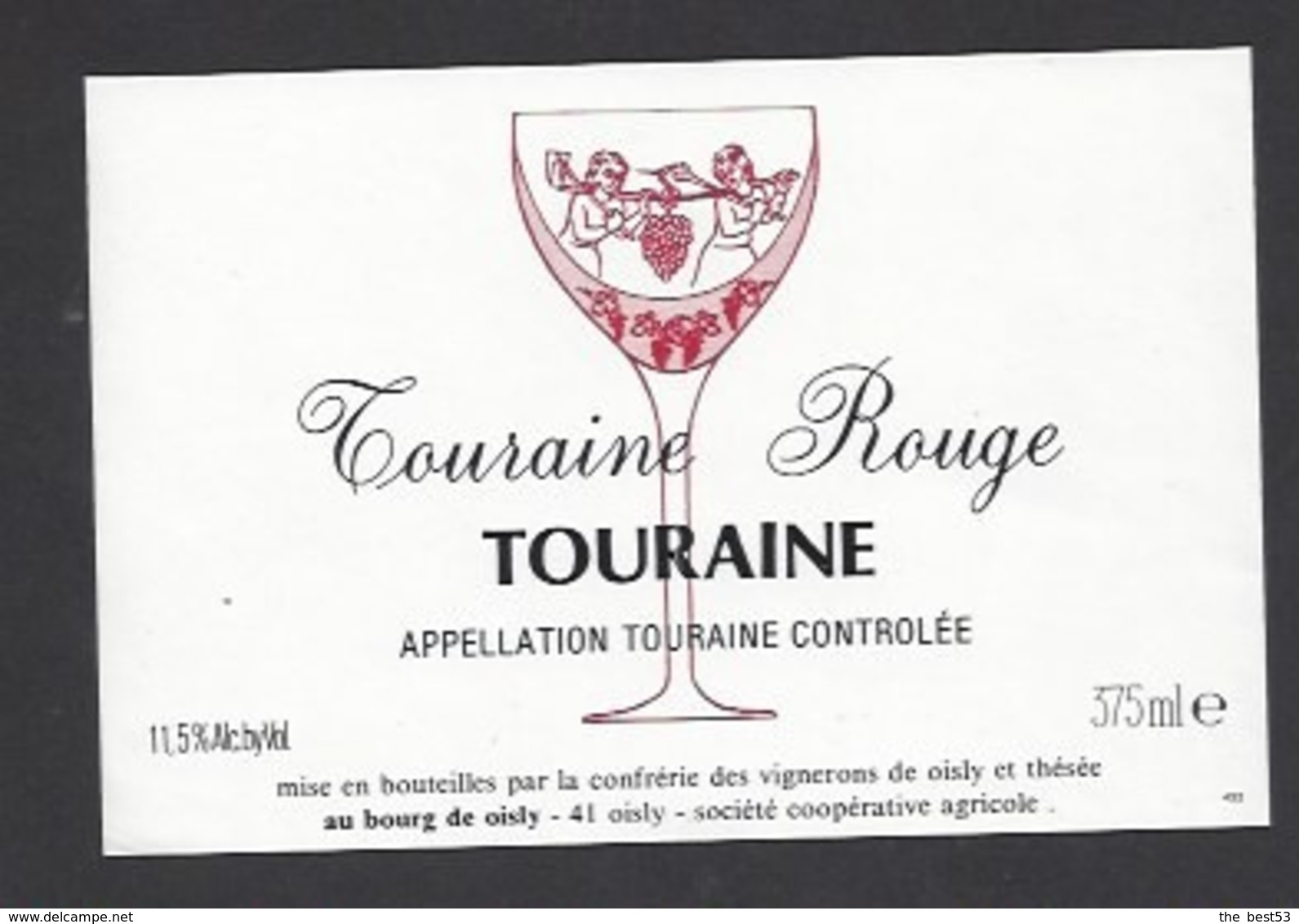 Etiquette De Vin Touraine Rouge 375 Ml  - Confrérie Des Vignerons De Oisly  (41)  -  Thème Porteurs Grappe De Raisin - Autres & Non Classés