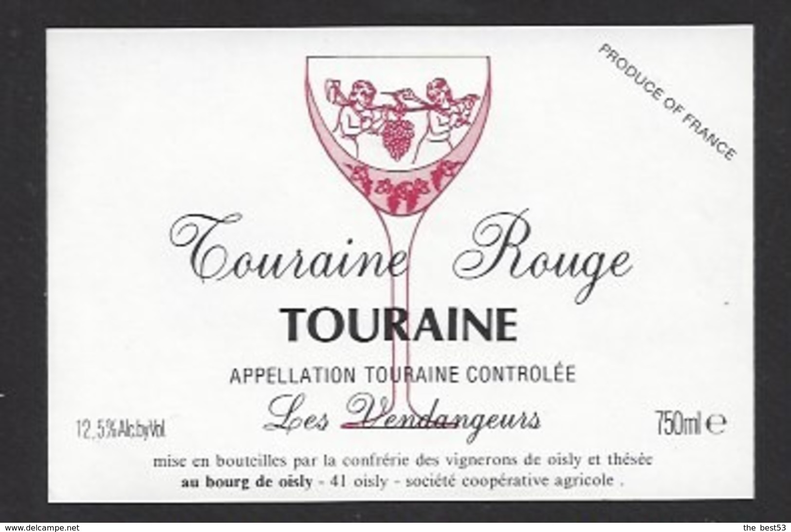 Etiquette De Vin Touraine Rouge 750 Ml  - Confrérie Des Vignerons De Oisly  (41)  -  Thème Porteurs Grappe De Raisin - Other & Unclassified