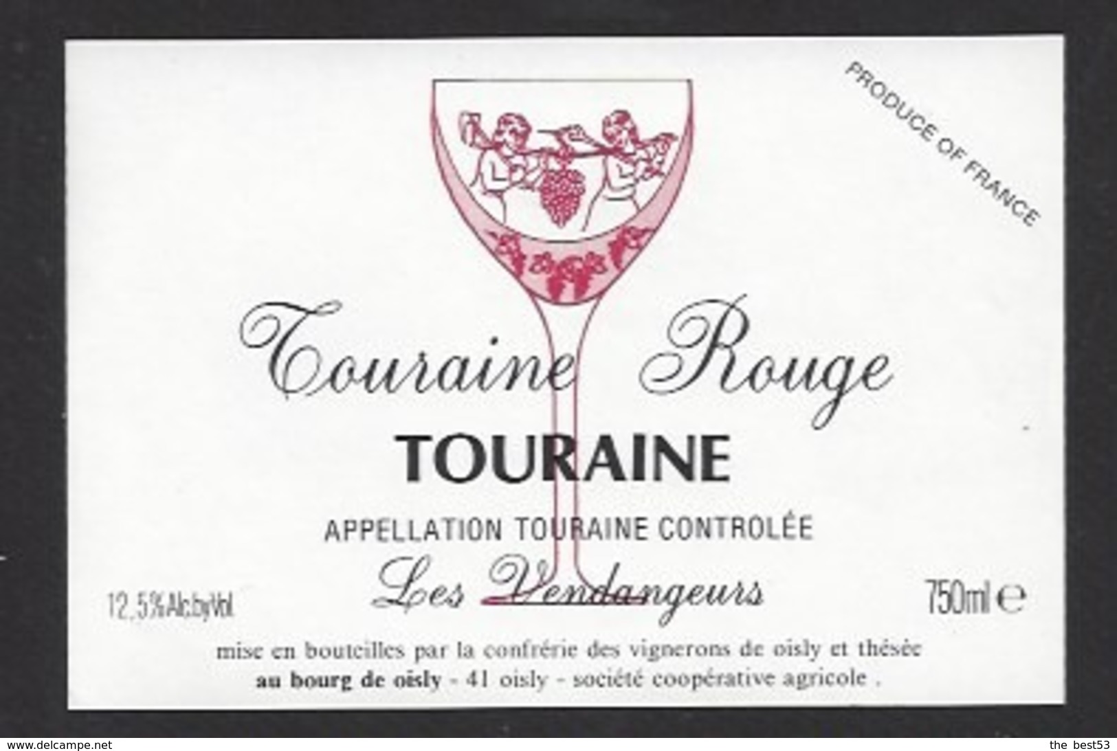 Etiquette De Vin Touraine Rouge 750 Ml  - Confrérie Des Vignerons De Oisly  (41)  -  Thème Porteurs Grappe De Raisin - Autres & Non Classés