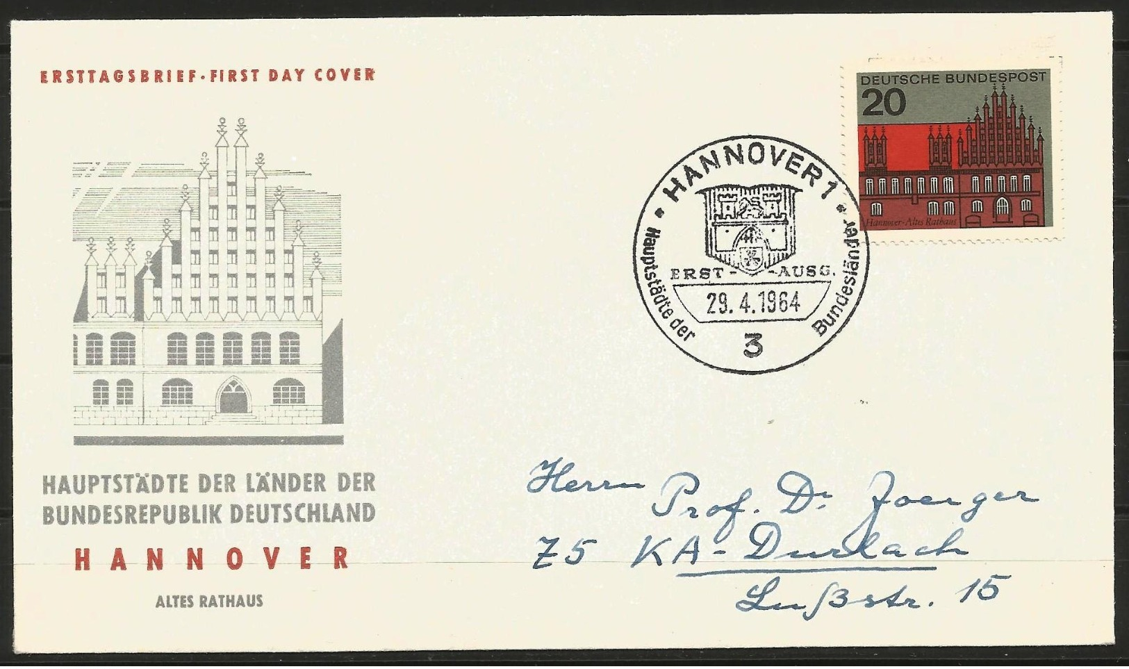 Germany FDC 1964 Capitals Of Federal Laender Hannover Architecture Old Town Hall Altes Rathaus - Monuments