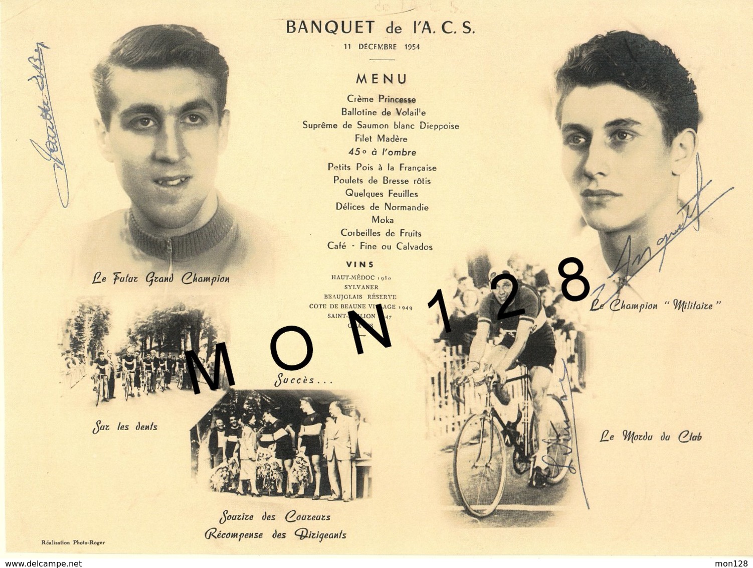 CYCLISME -MENU DU BANQUET 1954 DE L'A.C.S -AUTO CYCLE SOTTEVILLAIS-DEDICACE JACQUES ANQUETIL-CHARLES ROGER- REPRODUCTION - Cyclisme