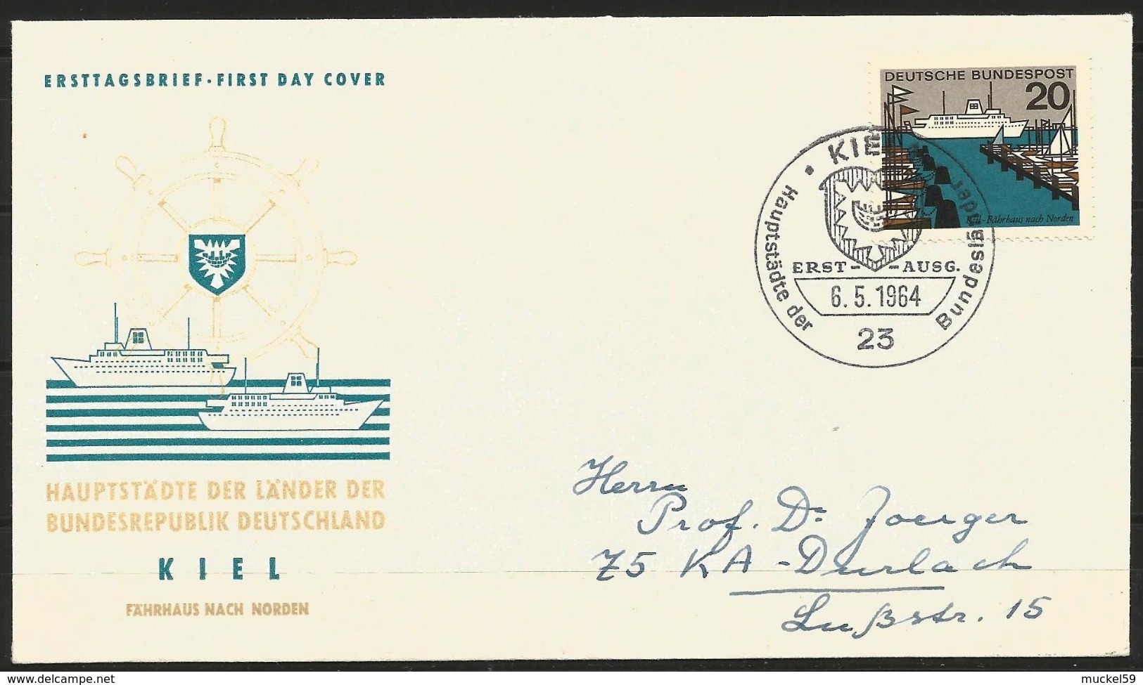 Germany FDC 1964 Capitals Of Federal Laender Kiel Shipping Ferry Port Ships And Ship Wheel - Ships