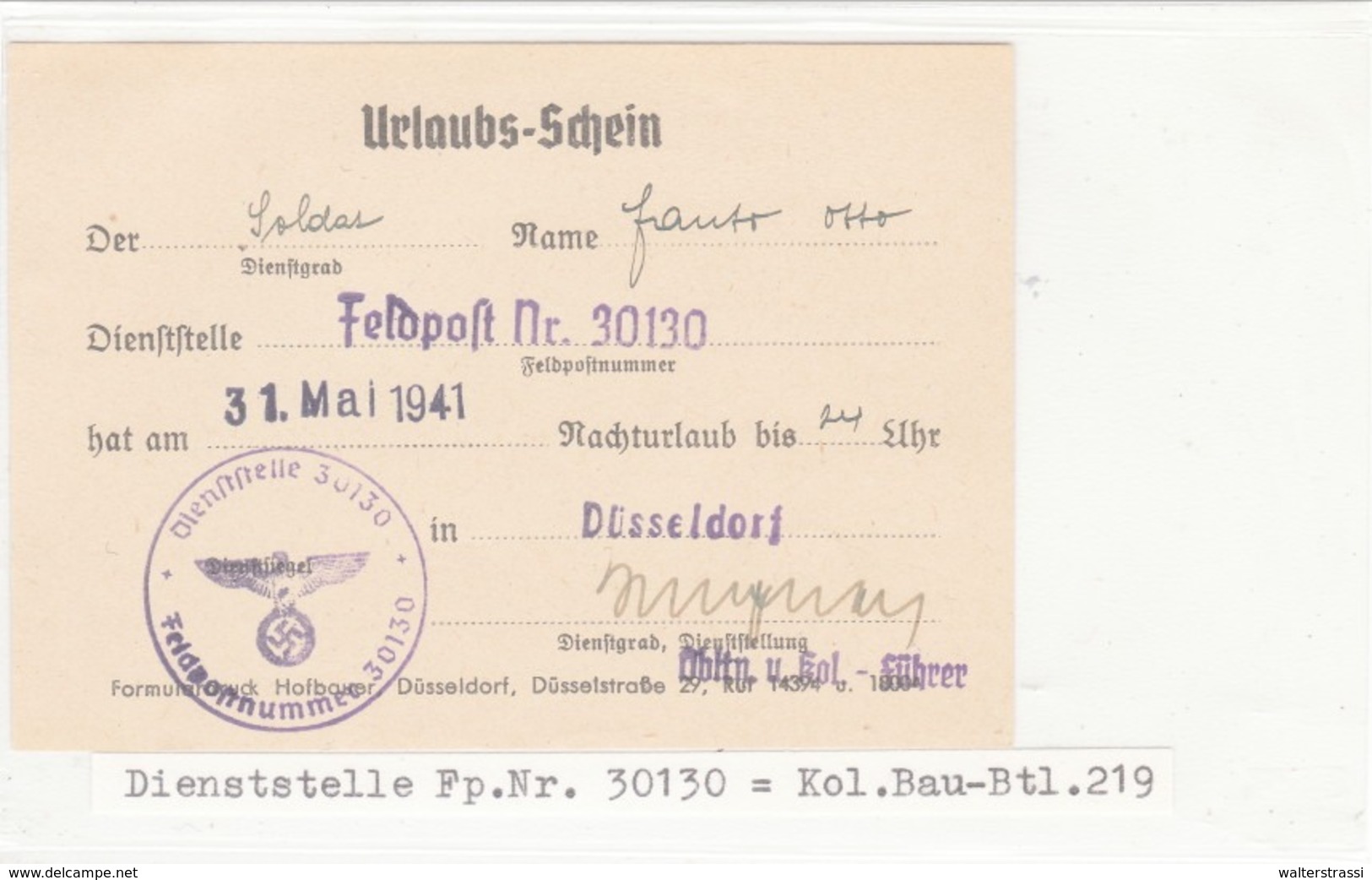 Urlaubs - Schein, FELDPOST Nr. 30130, Düsseldorf - Briefe U. Dokumente