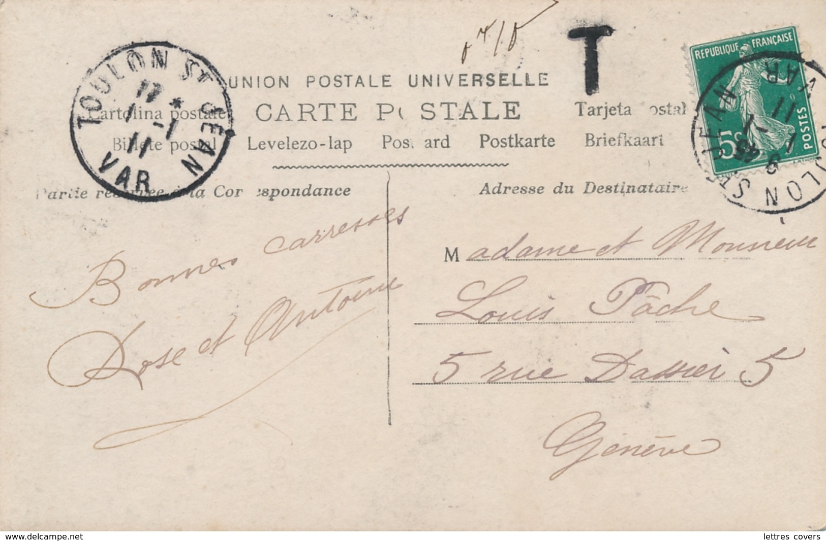 Semeuse N°137 Obl " TOULON ST JEAN VAR 1/1/11 " 1er Janvier 1911 Sur CP Taxée Pour Genève Suisse - 1877-1920: Période Semi Moderne