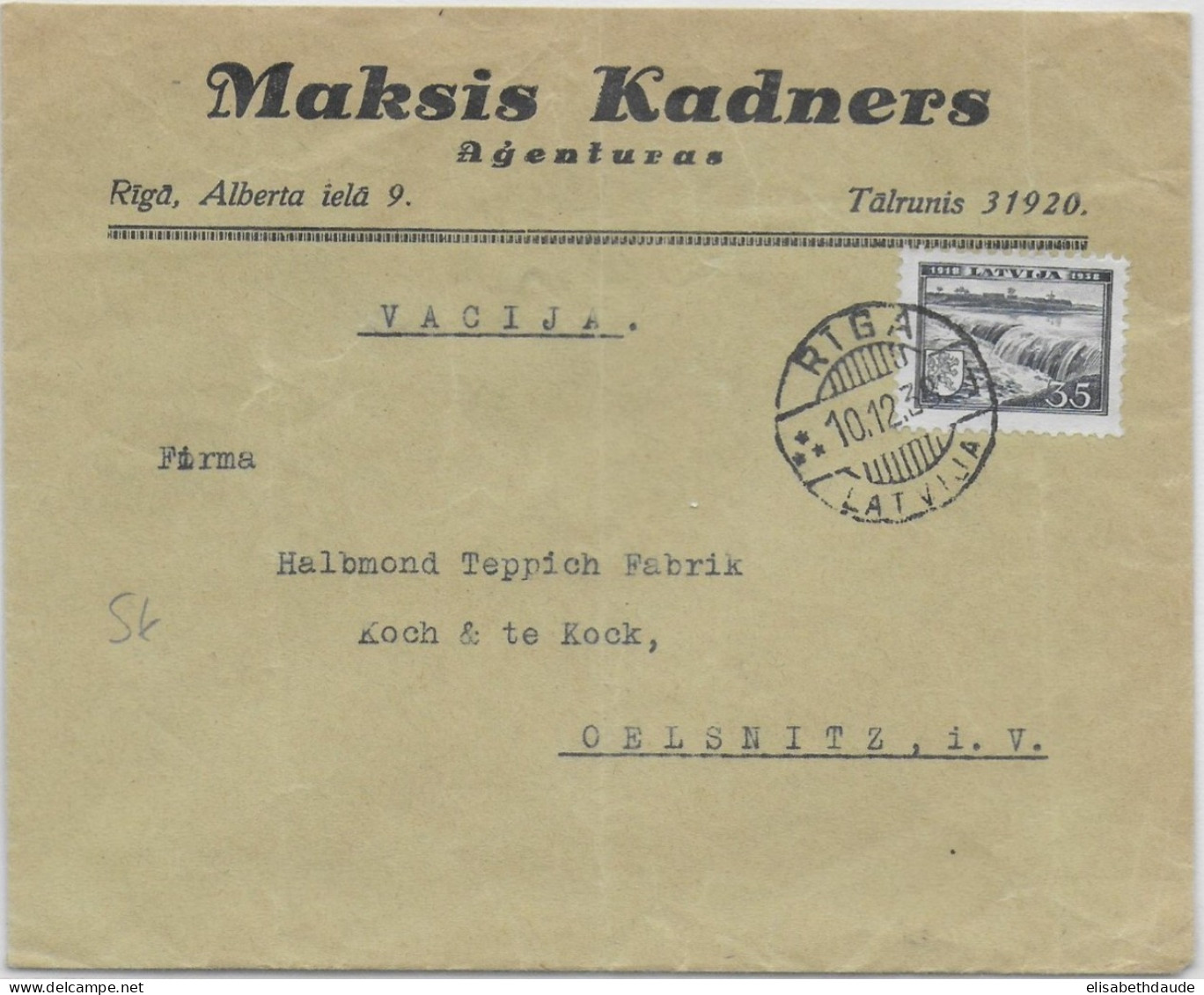 LETTONIE - 1938 - ENVELOPPE De RIGA => OELSNITZ (ALLEMAGNE) - Lettland