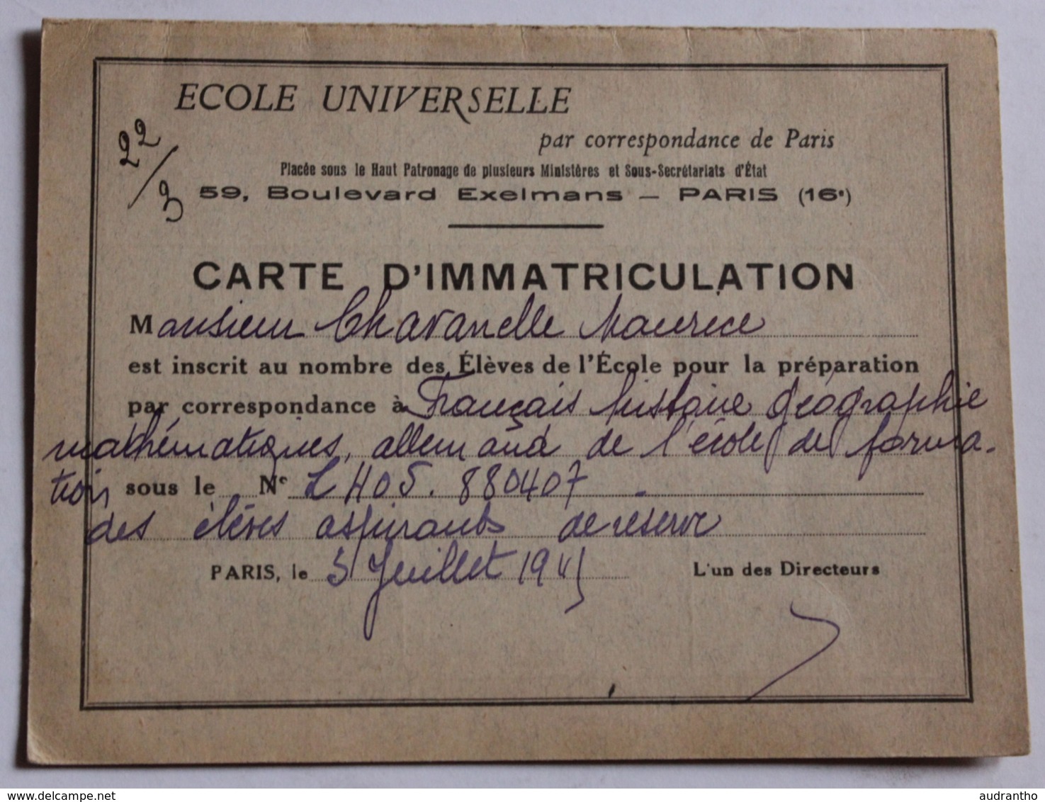 Carte D'immatriculation De 1945 à L'école Universelle Par Correspondance De Paris M. Chavanelle Maurice - Diplômes & Bulletins Scolaires