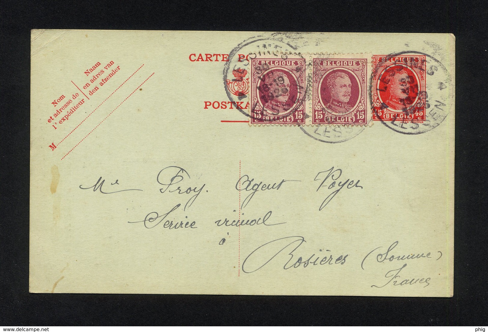 "ENTIER CARTE POSTALE COMMERCIALE POUR EXPEDITION DE LESSINES (BELGIQUE) VERS ROSIERES (FRANCE)"CACHET DU 30/07/1926 - Postcards 1909-1934