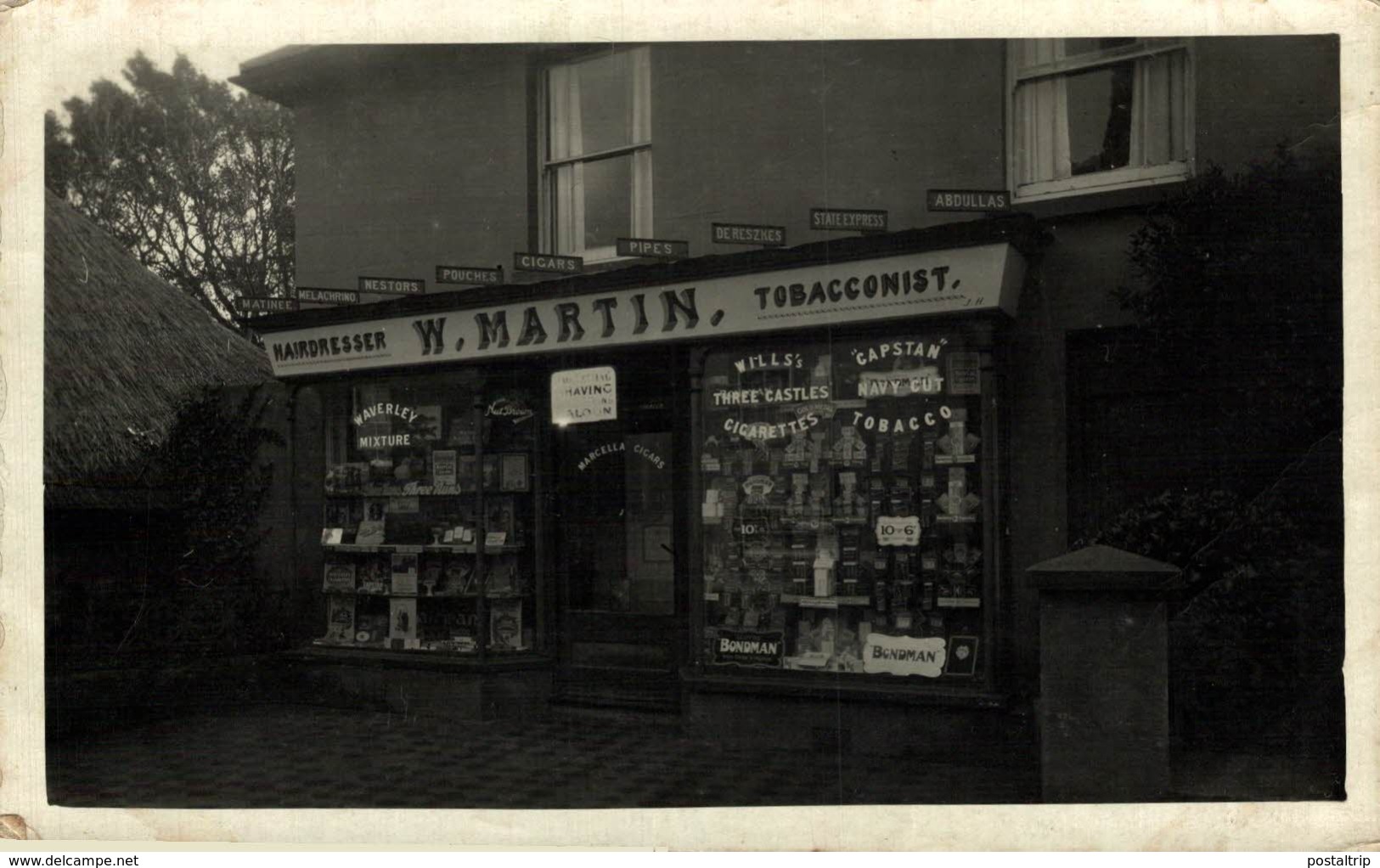 RPPC SHOPFRONT  W  MARTIN TOBACCONIST HAIRDRESSER  WILL'S THREE CASLTE  CIGARETTES WAVERLEY MIXTURE UK ENGLAND - Publicidad