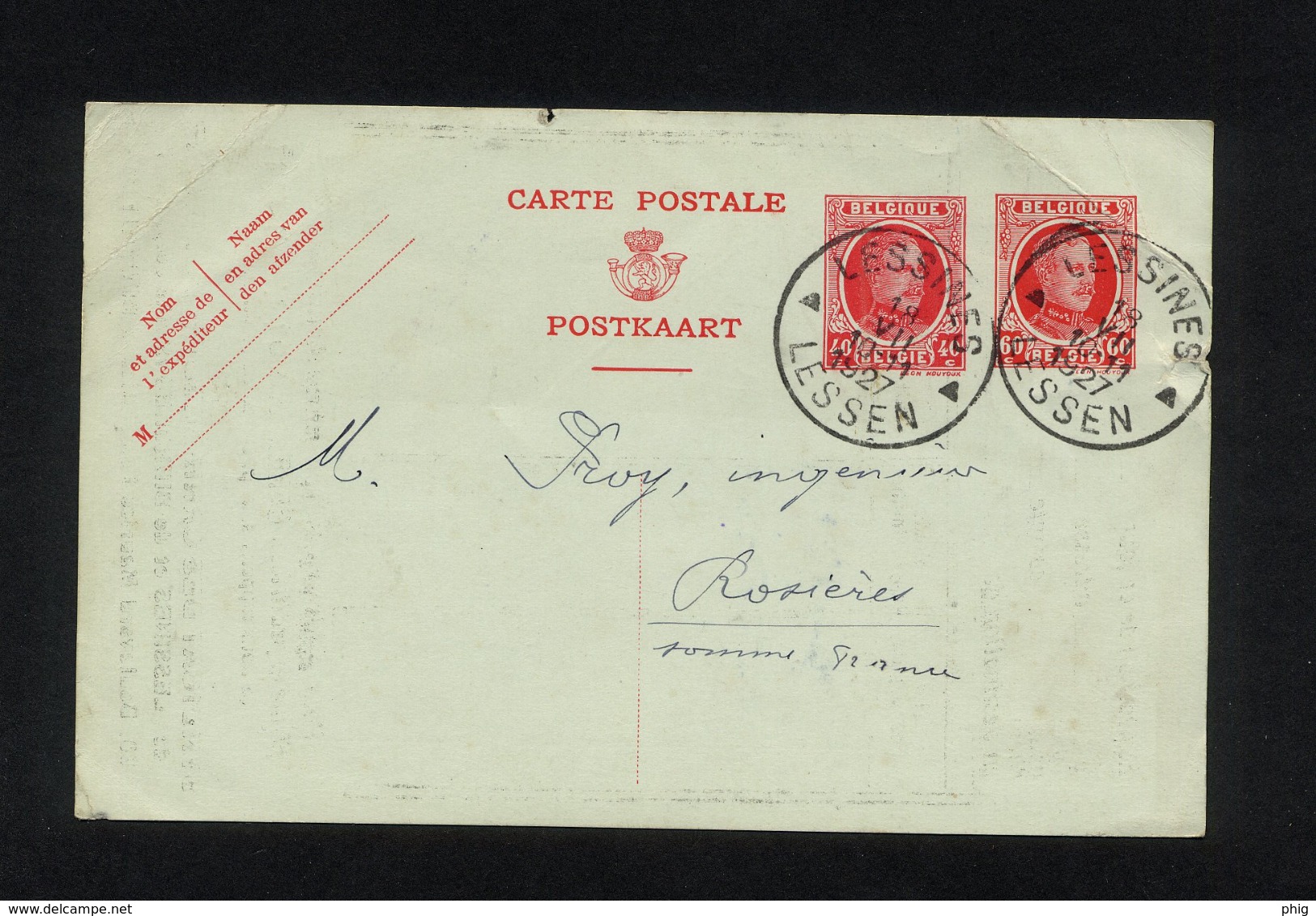 "ENTIER CARTE POSTALE COMMERCIALE POUR EXPEDITION DE LESSINES (BELGIQUE) VERS ROSIERES (FRANCE)"CACHET DU 18/07/1927 - Postkarten 1909-1934