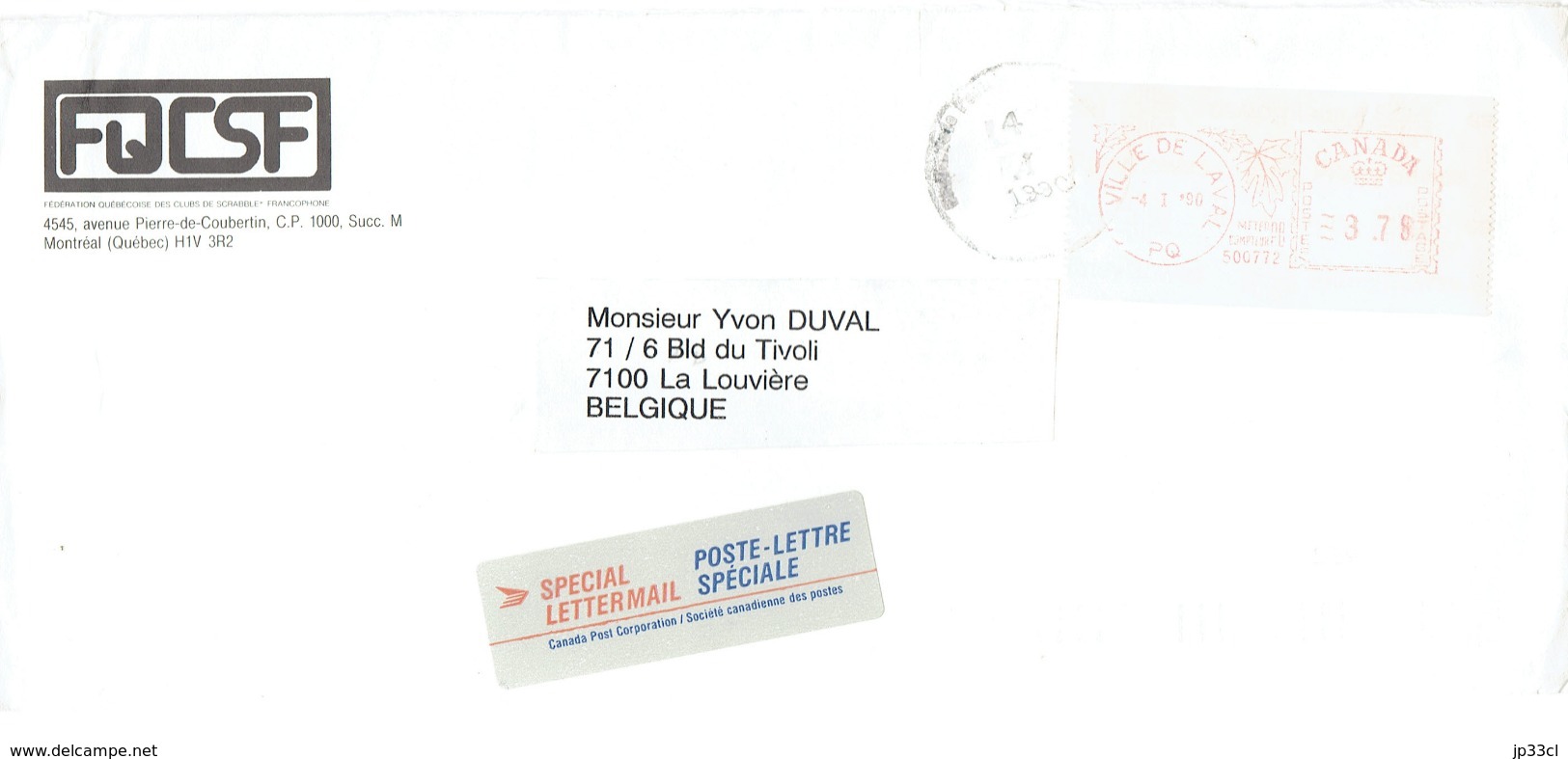 Poste Lettre Spéciale (Special Lettermail) De Montréal Vers La Belgique Du 4/1/1990 - Lettres & Documents