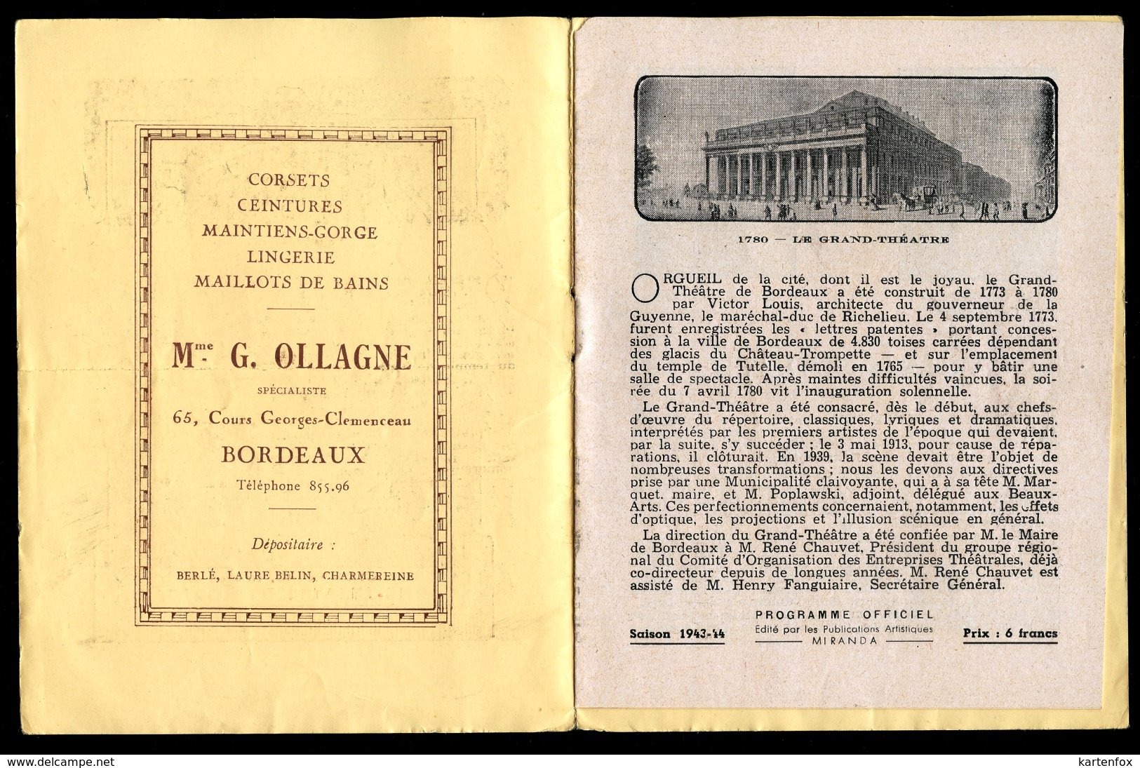 Grand Theatre De Bordeaux, Saison 1943-44, Madame Butterfly, Puccini - Sonstige & Ohne Zuordnung