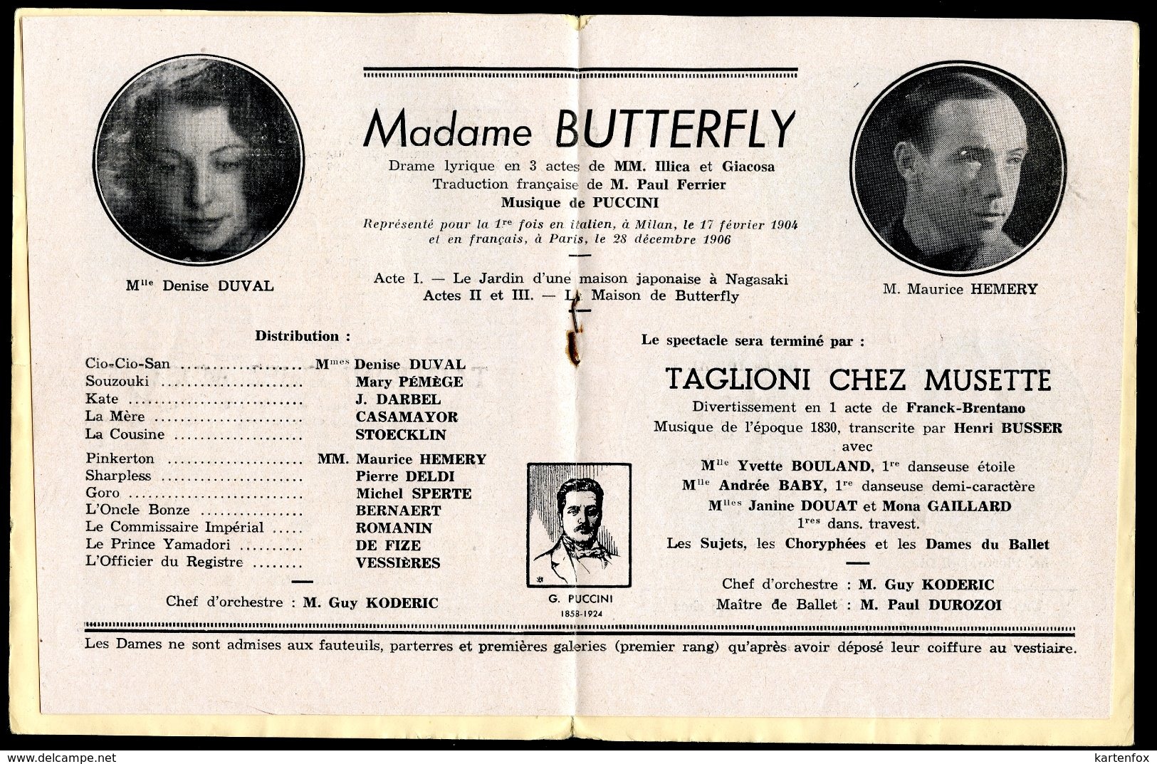 Grand Theatre De Bordeaux, Saison 1943-44, Madame Butterfly, Puccini - Sonstige & Ohne Zuordnung