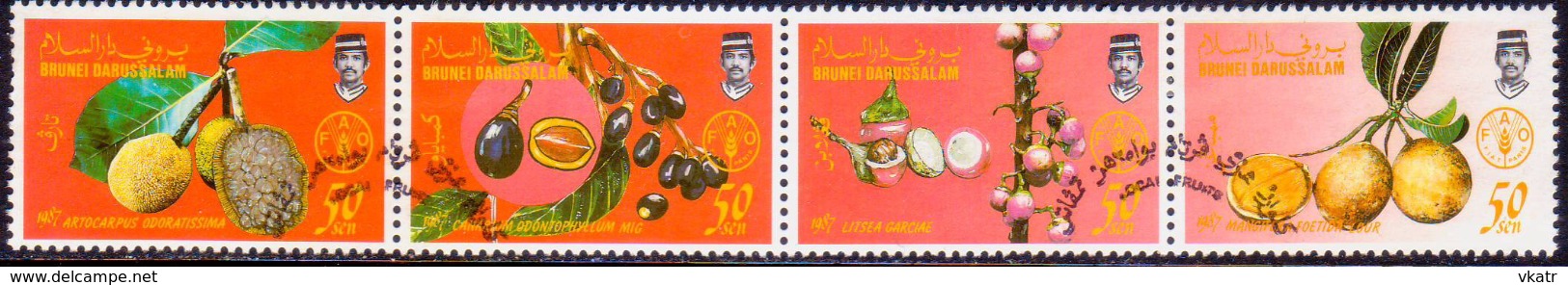 BRUNEI 1987 SG 414-417 Compl.set In Strip Of 4 Used Local Fruits (1st Series) - Brunei (1984-...)