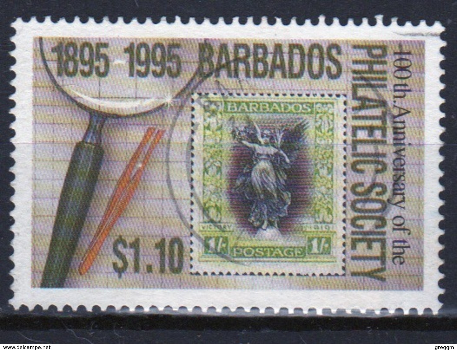 Barbados Single $1.10c Stamp From The 1996 Centenary Of The Philatelic Society. - Barbades (1966-...)