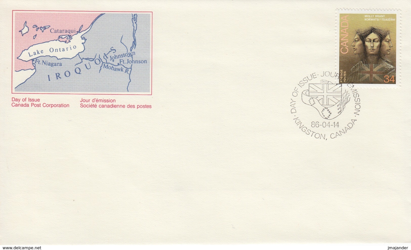 Canada 1986 -  The 250th Anniversary Of The Birth Of Molly Brant (Iroquois Indian Leader) - FDC Mi 992 - Erst- U. Sonderflugbriefe