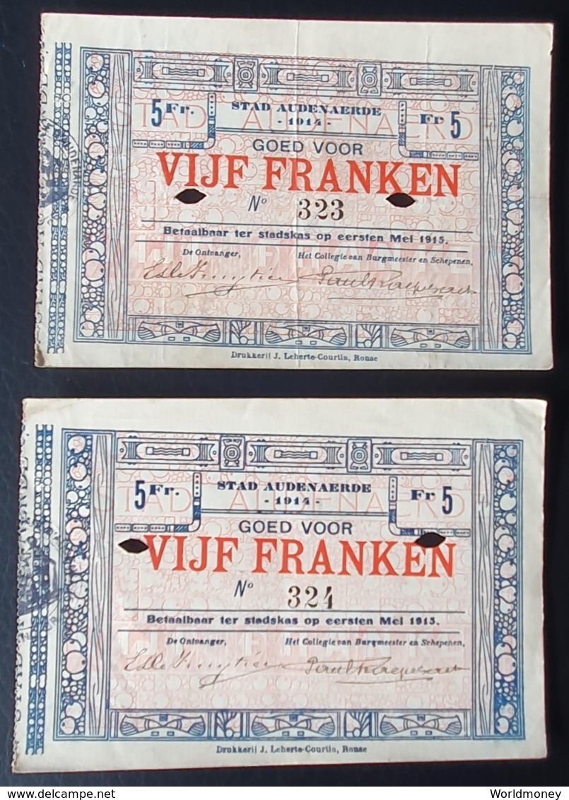 STAD AUDENAERDE 2 X 5 Franken 1914 (following Numbers) - 5 Francs