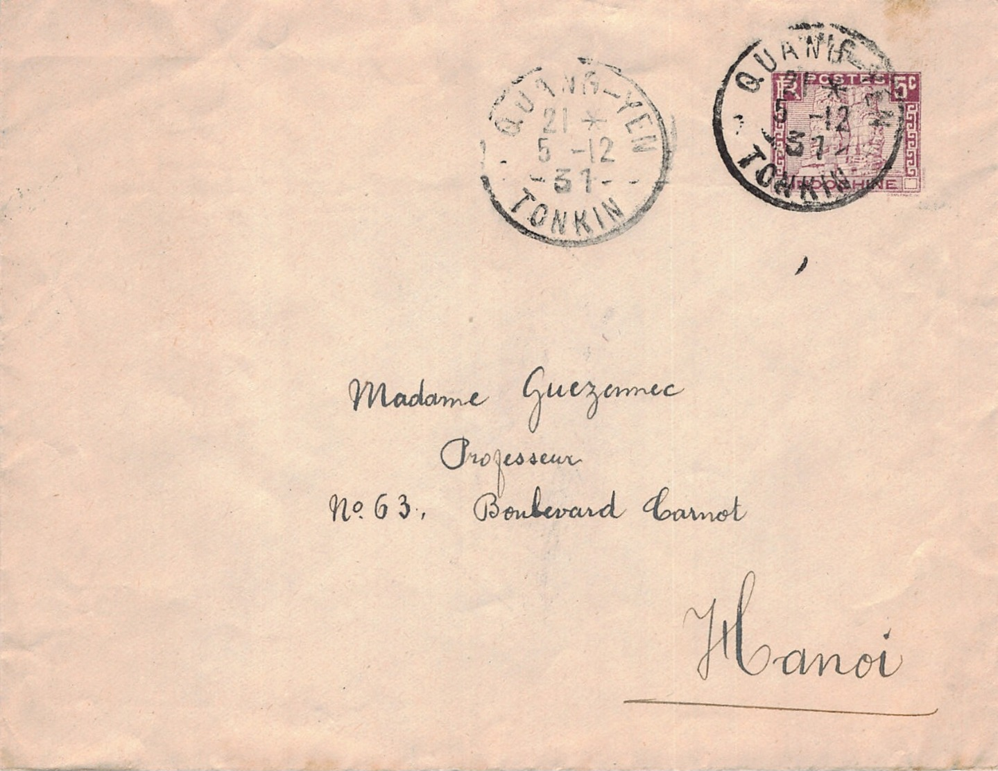 INDOCHINE  Postes - Entier Postal 5 Cents   - Cachet QUANG YEN - 1931 - Lettres & Documents