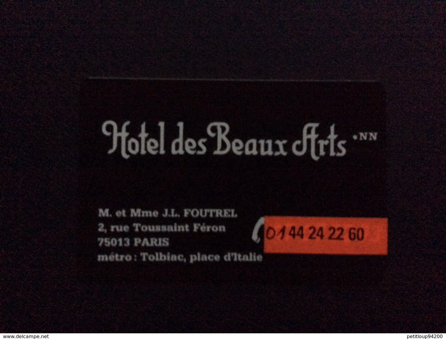 CARTE DE VISITE HÔTEL DES  BEAUX  ARTS  Paris - Cartes De Visite