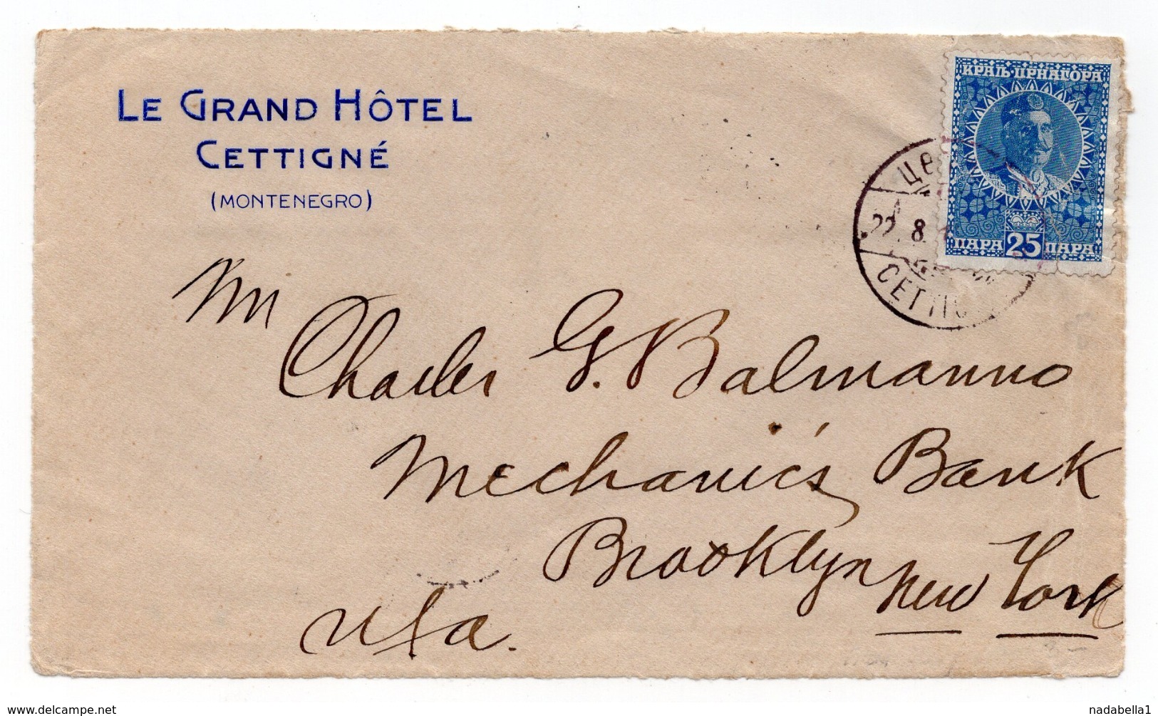 1900 CCA, MONTENEGRO, CETINJE TO NEW YORK, USA, LE GRAND HOTEL CETINJE HEAD COVER, FRONT ONLY - Montenegro