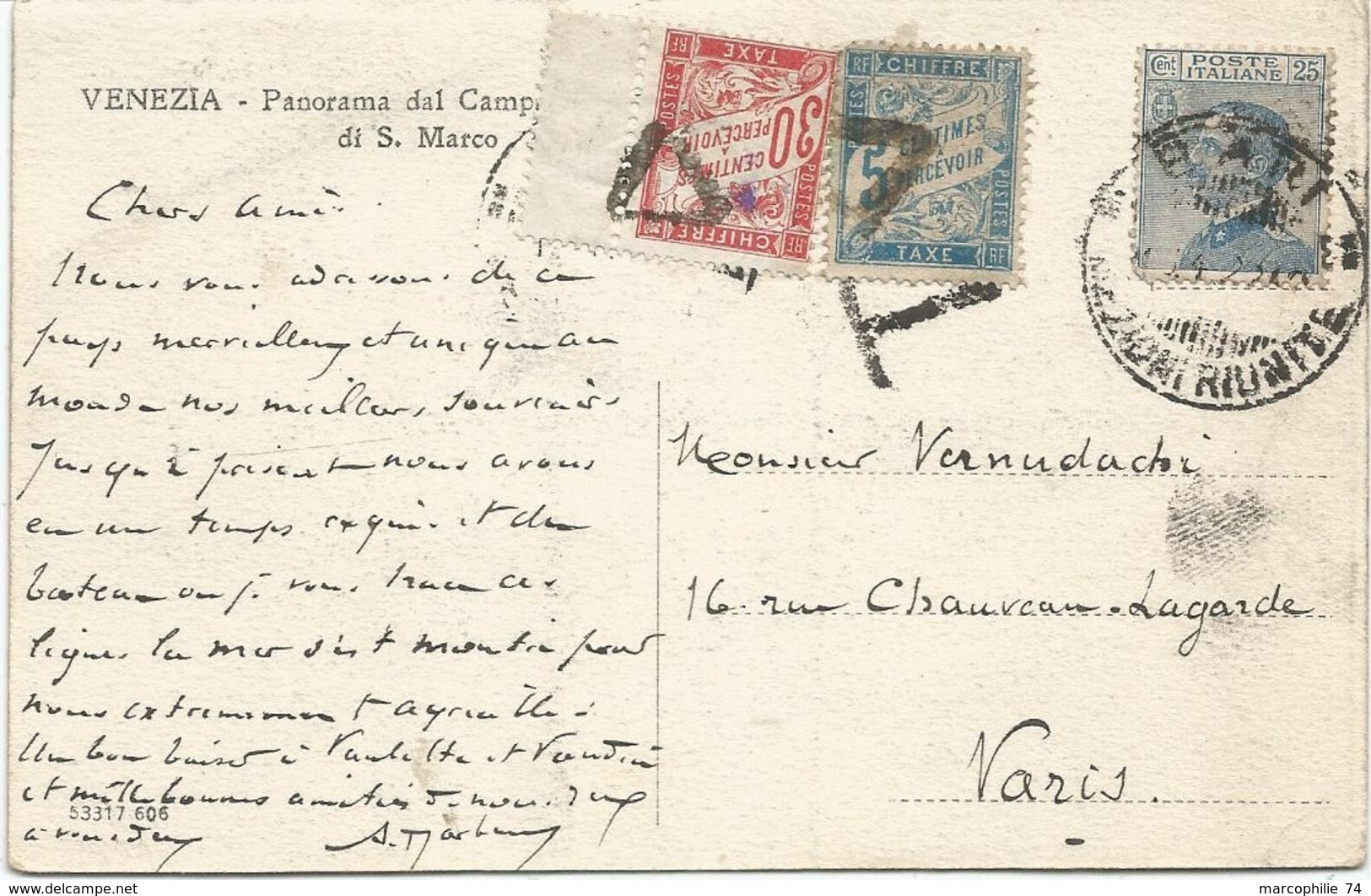 TAXE 30C BDF +5C BLEU TRIANGLE DE PARIS CARTE ITALIE 25C BARI - 1859-1959 Storia Postale