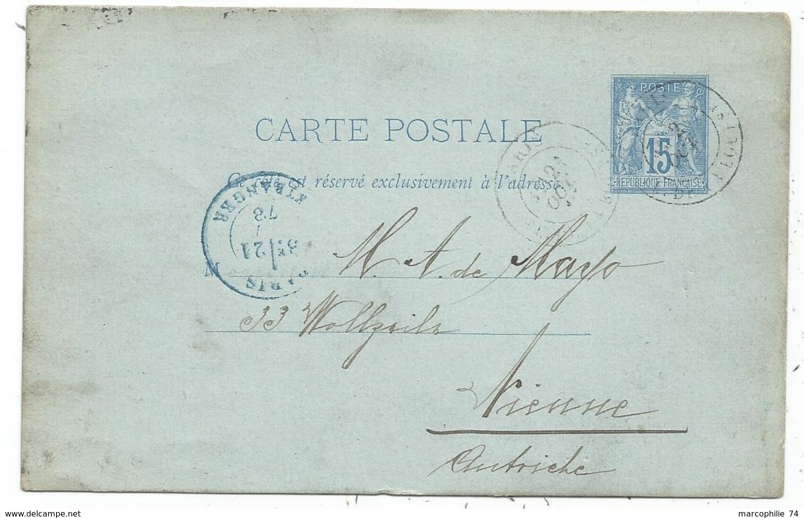 ENTIER SAGE 15C BLEU CP PARIS  1878 POUR AUTRICHE + PARIS ETRANGER EN BLEU - 1877-1920: Semi Modern Period