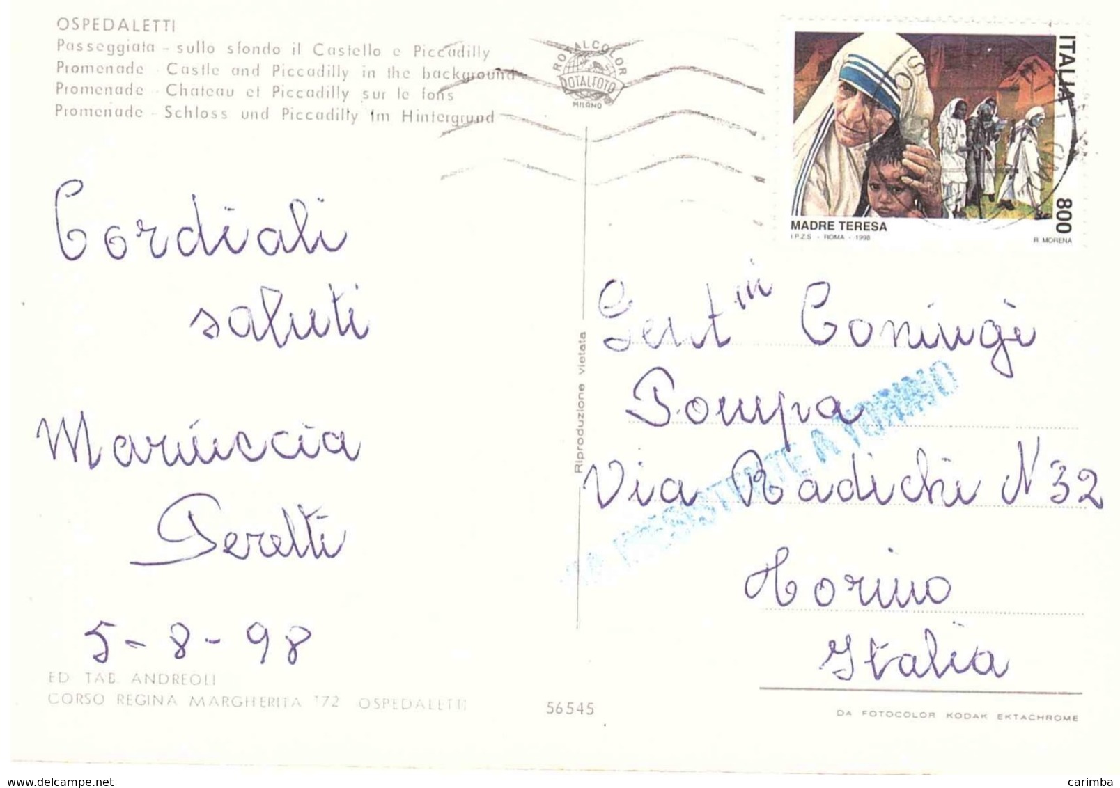 1998 £800 MADRE TERESA SU CARTOLINA OSPEDALETTI - Mutter Teresa