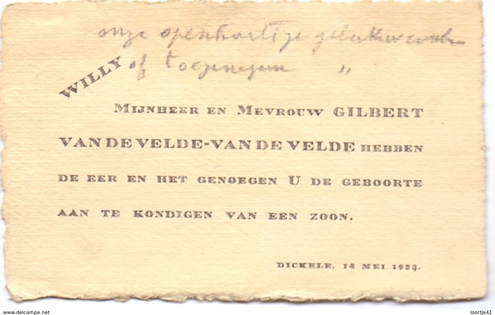 Geboortekaartje - Willy Van De Velde - Zoon Mr & Mevr Van De Velde - Van De Velde - Dikkele 14 Mei 1933 - Nacimiento & Bautizo