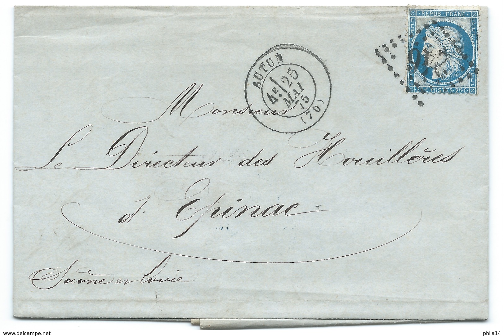 N°60 BLEU CERES SUR LETTRE AUTUN SAONE ET LOIRE POUR EPINAC / 1875 - 1849-1876: Klassik