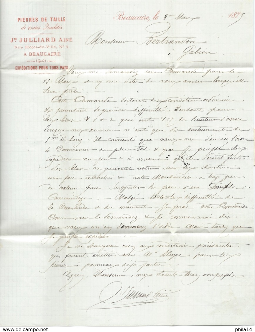 N°60 BLEU CERES SUR LETTRE BEAUCAIRE GARD POUR GABIAN / 1875 / PIERRE DE TAILLE JULLIARD - 1849-1876: Période Classique