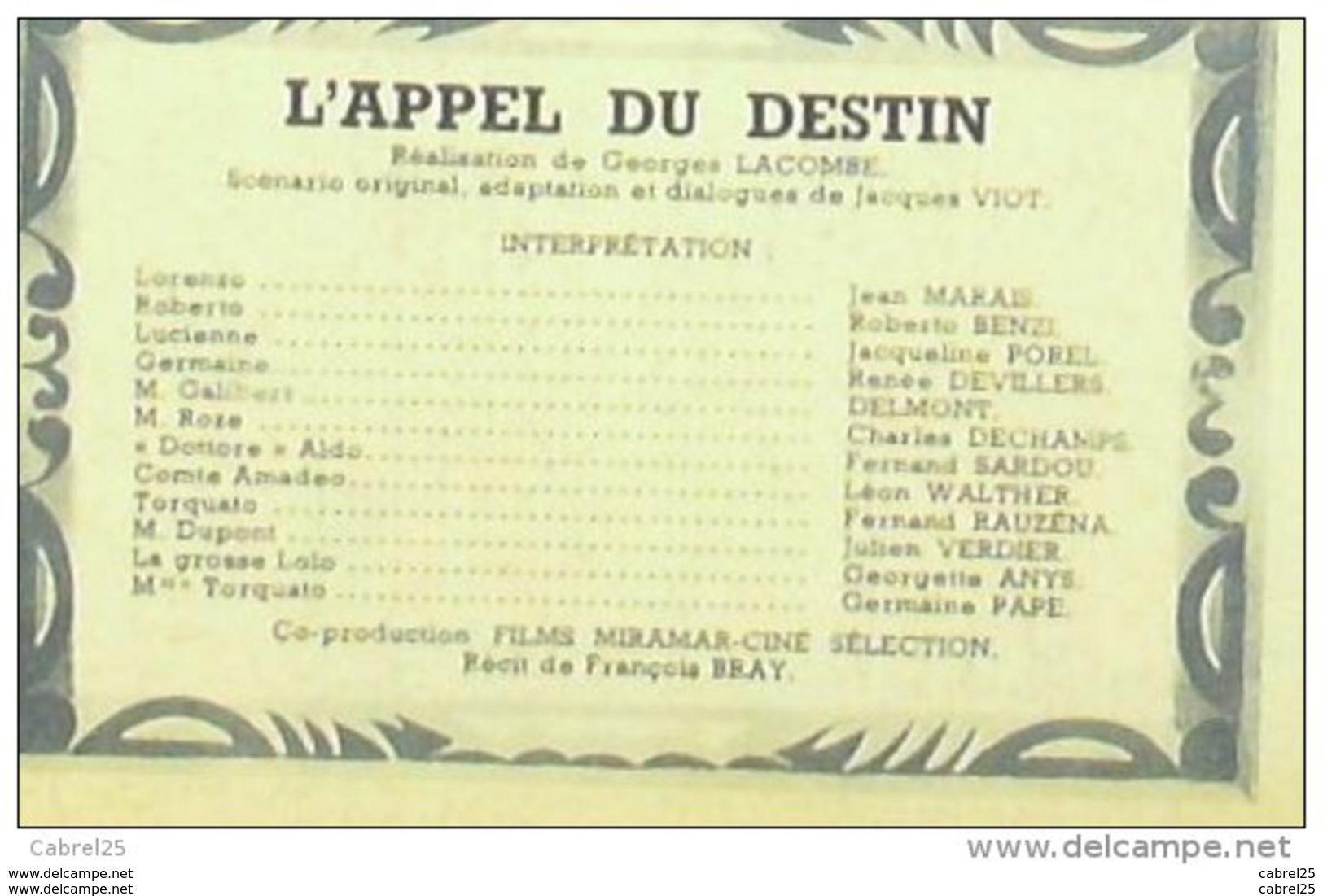 CINEMA-L'APPEL Du DESTIN-JEAN MARAIS-ROBERTO BENZI-FERNAND SARDOU-MF 349-1952 - Cinema