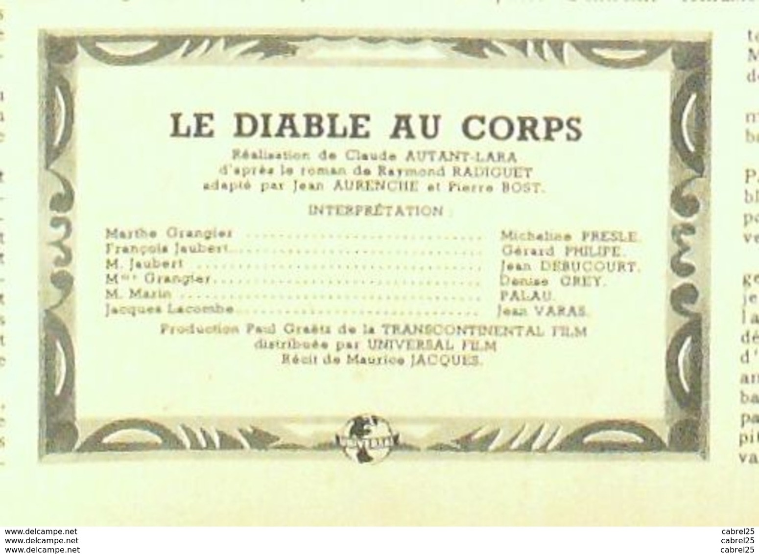 CINEMA-LE DIABLE Au CORPS-GERARD PHILIPPE-MICHELINE PRESLE-DENISE GREY-MF 67-1947 - Cinema