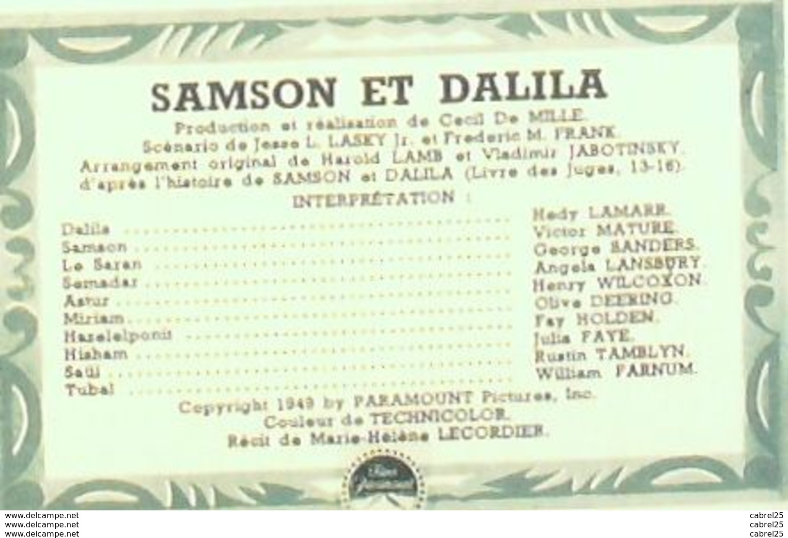 CINEMA-SAMSON Et DALILA-HEDY LAMARR-VICTOR MATURE-WILLIAM FARNUM-MF 283-1951 - Cinema