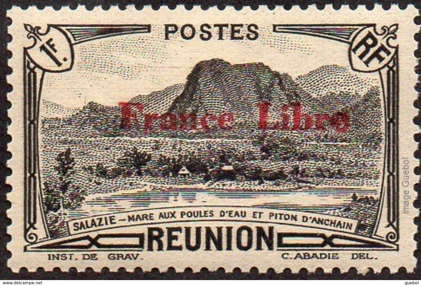 Réunion N° 205 ** Vue -> Salazie, Mare Aux Poules D'eau Et Piton D'Auchain - 1f Noir, Surchargé France Libre - Ungebraucht