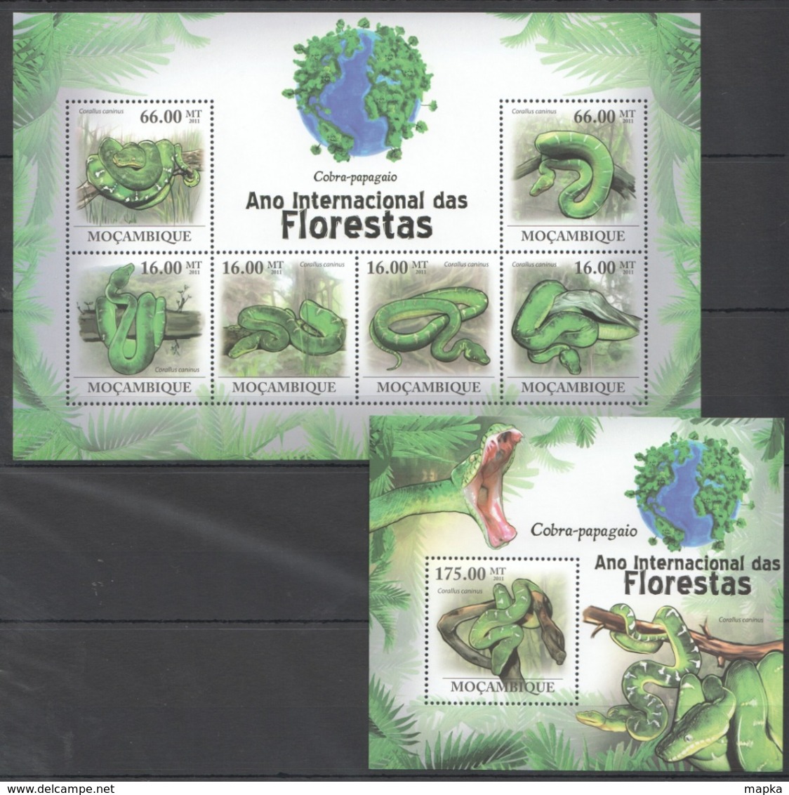 O1157 2011 MOZAMBIQUE MOCAMBIQUE FAUNA DAS FLORESTAS REPTILES SNAKES COBRAS 1SH+1BL MNH - Serpenti