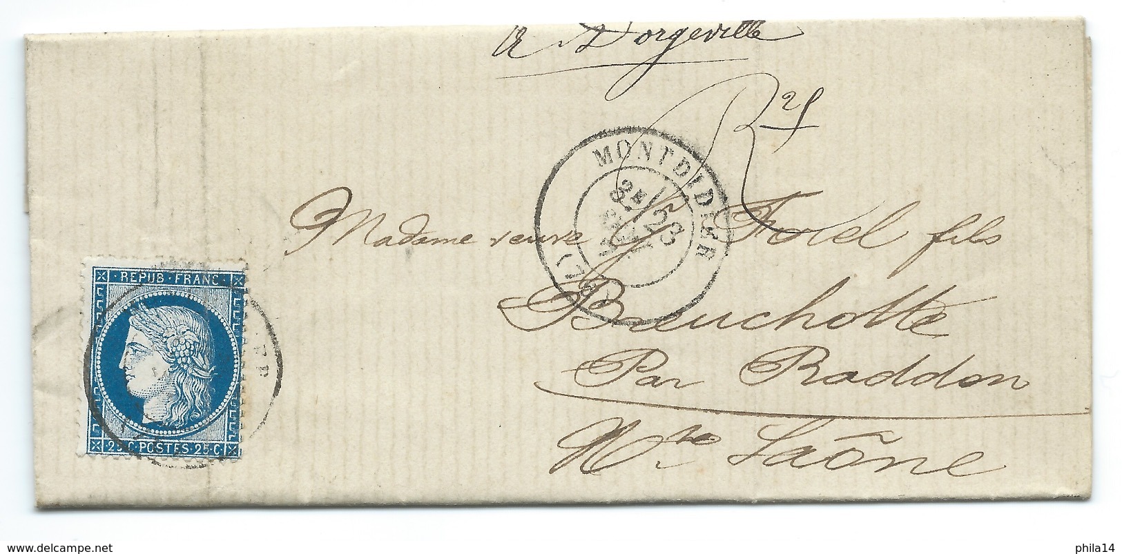 N°60 BLEU CERES SUR LETTRE MONTDIDIER SOMME POUR DORGEVILLE  / 1876 - 1849-1876: Période Classique