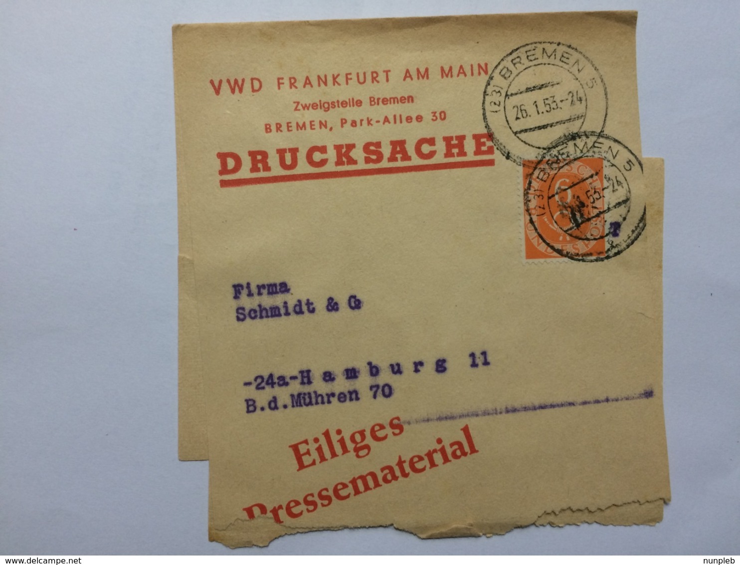 GERMANY 1953 Newspaper Wrapper Bremen To Hamburg - `Eiliges Pressematerial` - Lettres & Documents