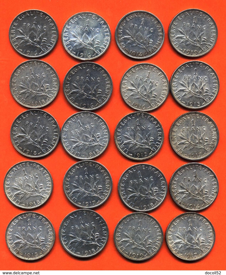 Lot De 20 Monnaies De 1 Franç Semeuse Argent Années 1914 à 1919 - 100 Grammes D'argent - Lot N° 7 - Collections