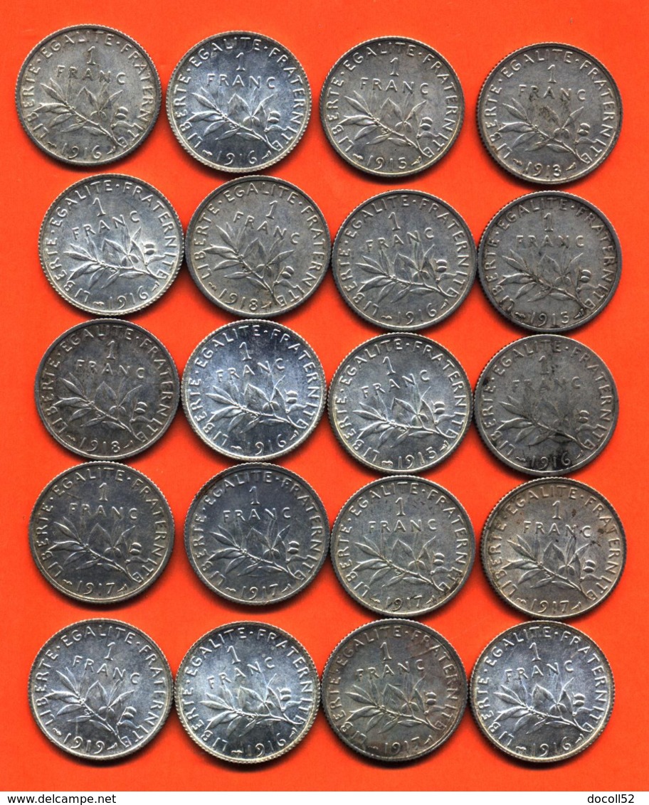 Lot De 20 Monnaies De 1 Franç Semeuse Argent Années 1913 à 1919 - 100 Grammes D'argent - Lot N° 8 - Collections